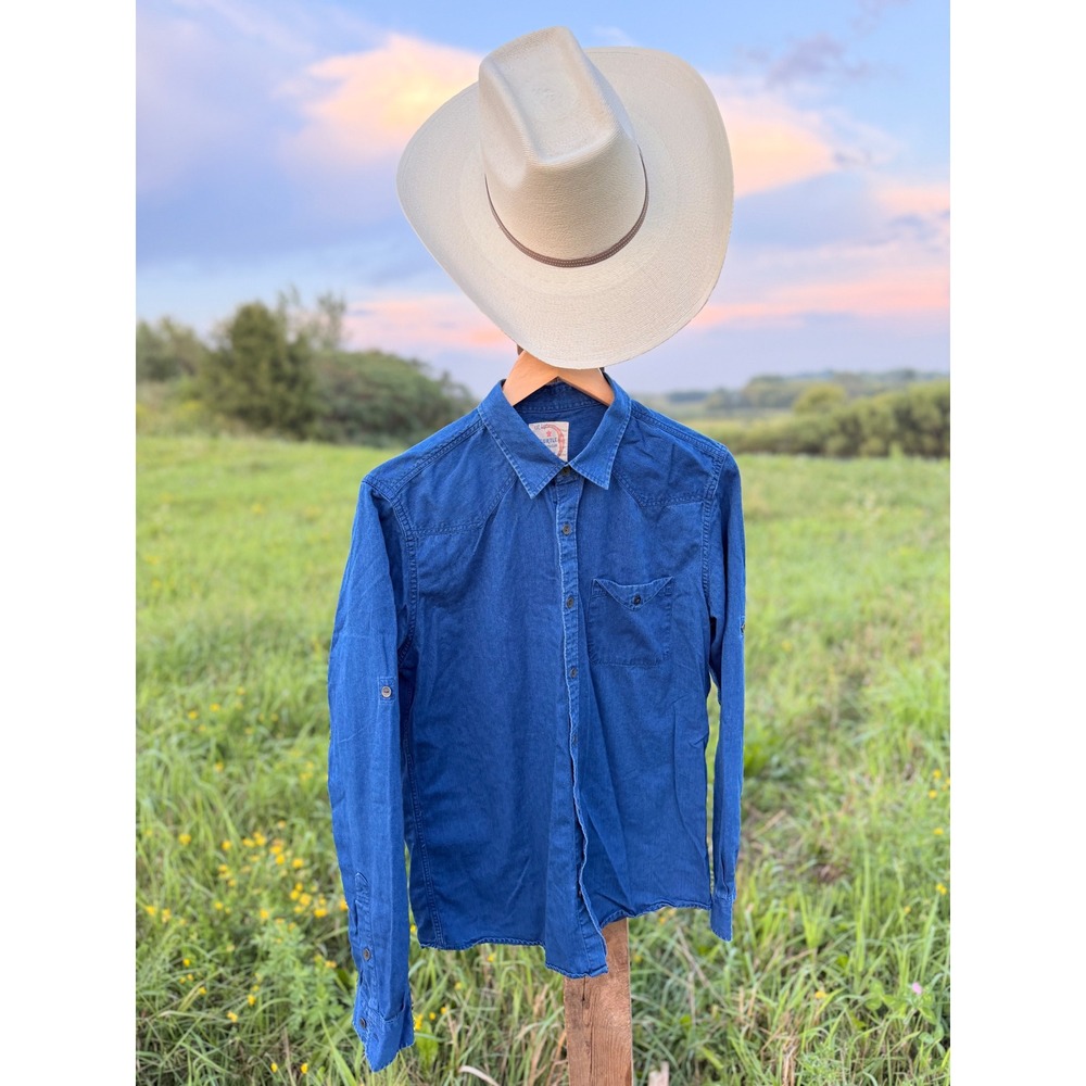 Turtle Sports Club Mens Blue Denim Western Shirt Slim Fit Cotton Long Sleeve 40